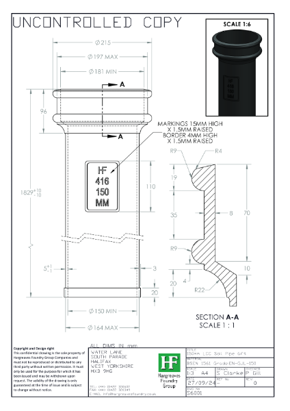150mm (6") Plain LCC Soil Pipe Drawing