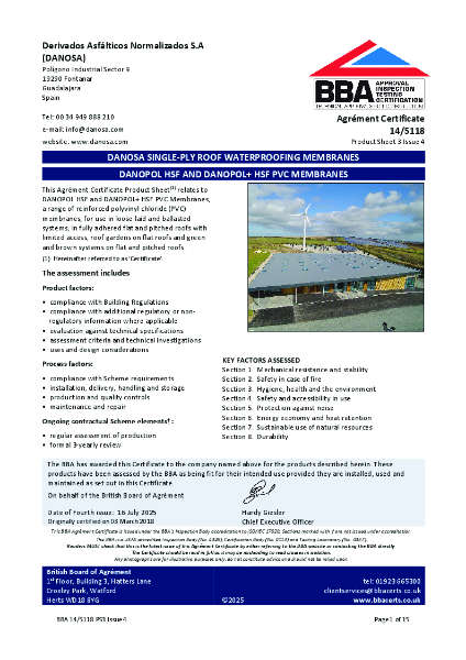 Danosa Single-ply Roof Waterproofing Membranes - DANOPOL HSF and DANOPOL HSF+ BBA 14/5118