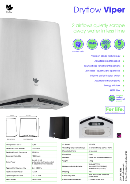 Hand Dryer Spec Sheet - Dryflow® Viper HEPA Carbon Neutral Hand Dryer