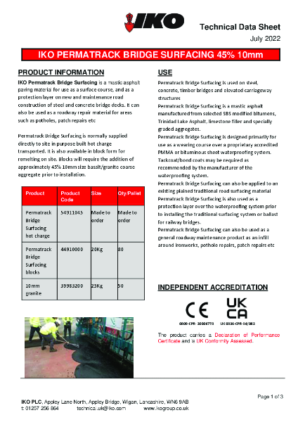 Technical Data Sheet (TDS) - IKO Permatrack Bridge Surfacing 45.10