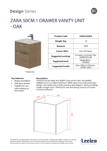 Zara 50 cm 1 Drawer Wall Hung Vanity Unit - Oak