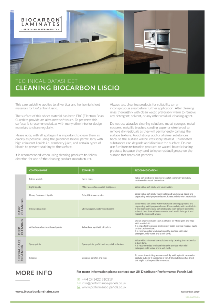 BioCarbon Laminates Liscio Cleanability datasheet