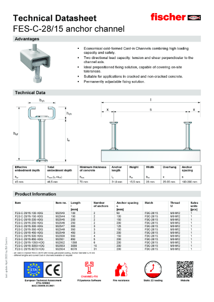 FES-C-28/15 anchor channel - Technical Datasheet