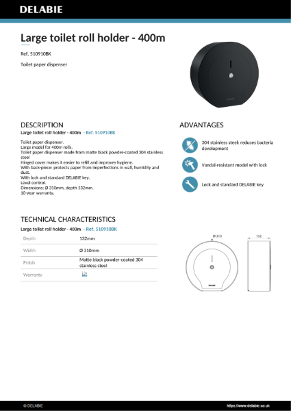 Toilet Paper Dispenser - Matte Black Product Data Sheet