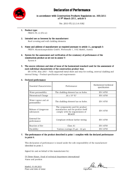 Declaration of Performance. FX.12 Roof Panel