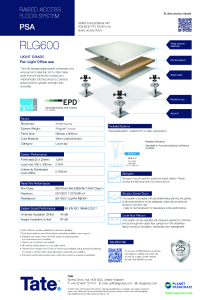 Tate RLG600 Raised Access Flooring Datasheet