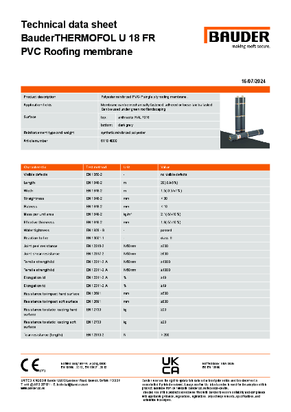 BauderTHERMOFOL U18 FR PVC Roofing membrane (Anthracite) - Technical Data Sheet