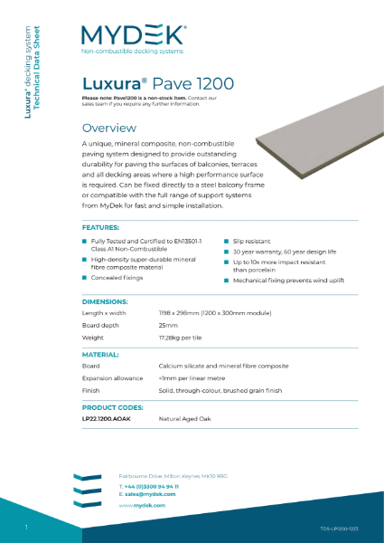 Data Sheet - Luxura Pave 1200 Non-Combustible Mineral Composite Paving