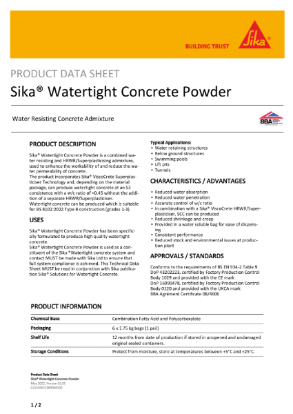 Sika Watertight Concrete Powder Product Data Sheet