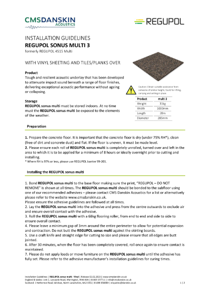 REGUPOL SONUS MULTI 3 With Vinyl Sheeting And Tiles/Planks Over - Installation Guide