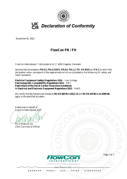 FlowCon FN/FH Actuator Range UKCA Certificate