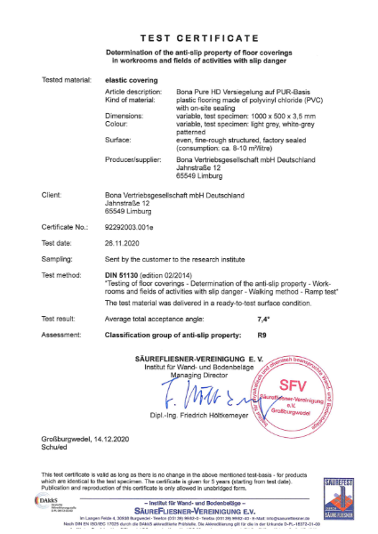 Bona Pure HD - Anti-slip Test  Certificate
