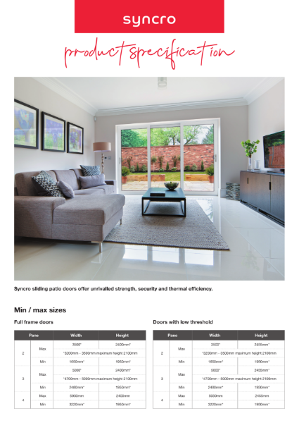 Syncro Patio Door Product Specification Info