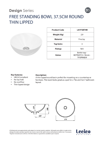 Layla Thin Lip Round Free Standing Bowl 375mm