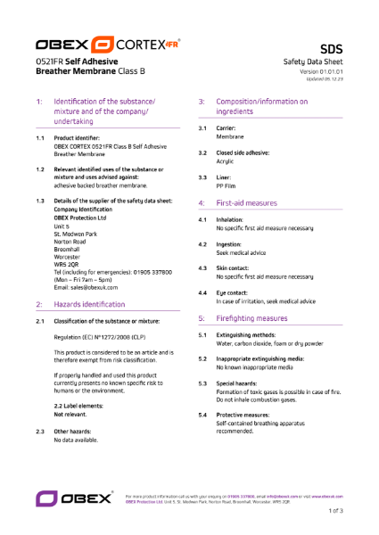 OBEX CORTEX 0521FR Class B Self-Adhesive Breather Membrane - W1 - SDS