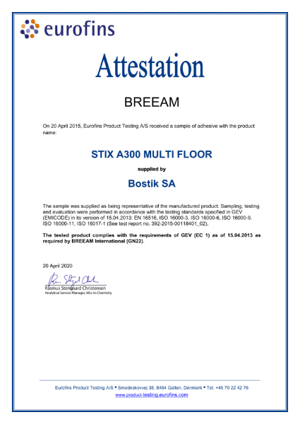 Bostik Stix A300 Multi Floor BREEAM Attestation