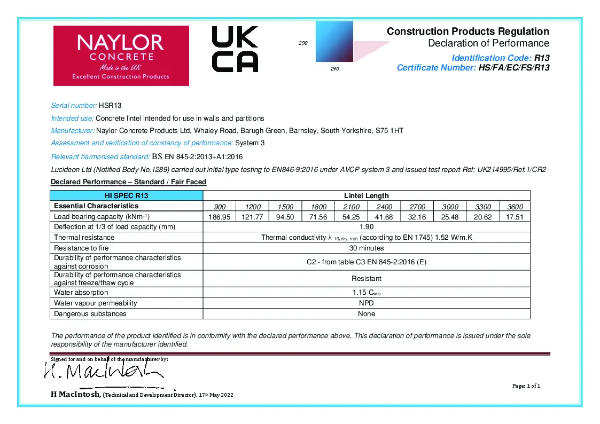 Hi-Spec R13 Concrete Lintel - Declaration of Performance