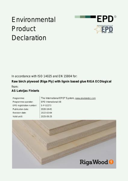 Environmental Product Declaration (EPD) Riga birch plywood with lignin based glue Riga ECOlogical
