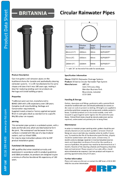 Britannia Circular Pipe Data Sheet