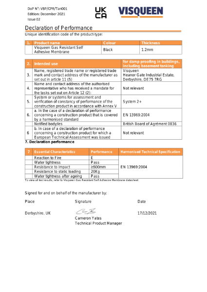 Tanking UKCA Visqueen Gas Resistant Self Adhesive Membrane Declaration of Performance