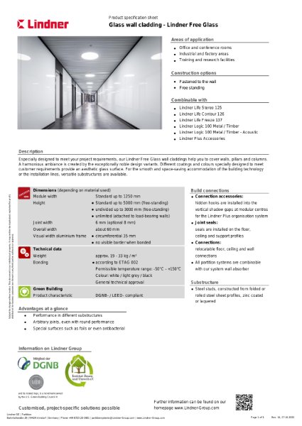 Glass wall cladding - Lindner Free Glass Datasheet