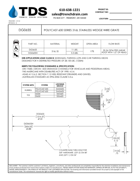 Polycast 600 Series 316L Stainless Wedge Wire Grate - DG0655