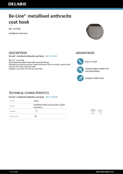 Be-Line® Coat Hook - Metallised Anthracite Product Data Sheet