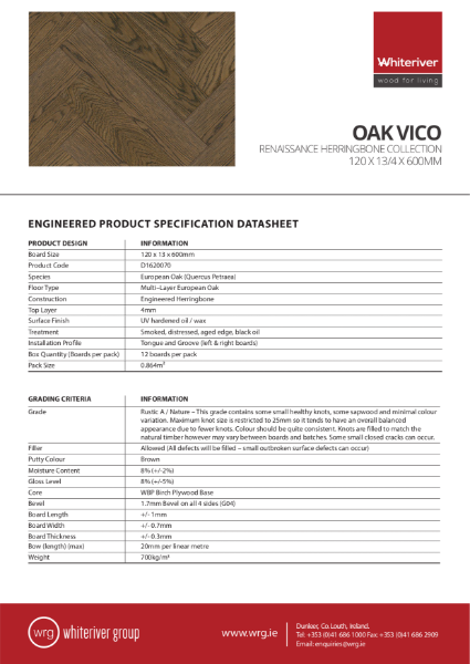 120 x 13 x 600mm Renaissance Oak Vico Herringbone Spec Sheet