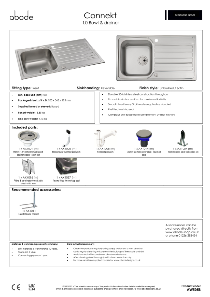 Connekt, Stainless Steel Sink - Single Bowl with Drainer. Consumer Specification