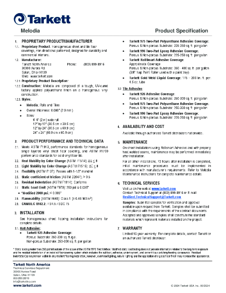 Melodia - Technical Data Sheet