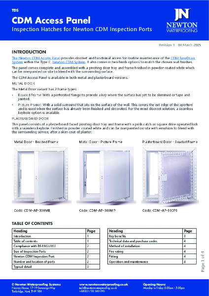 Newton CDM Access Panel Inspection Hatches for CDM Inspection Ports - Technical Data Sheet
