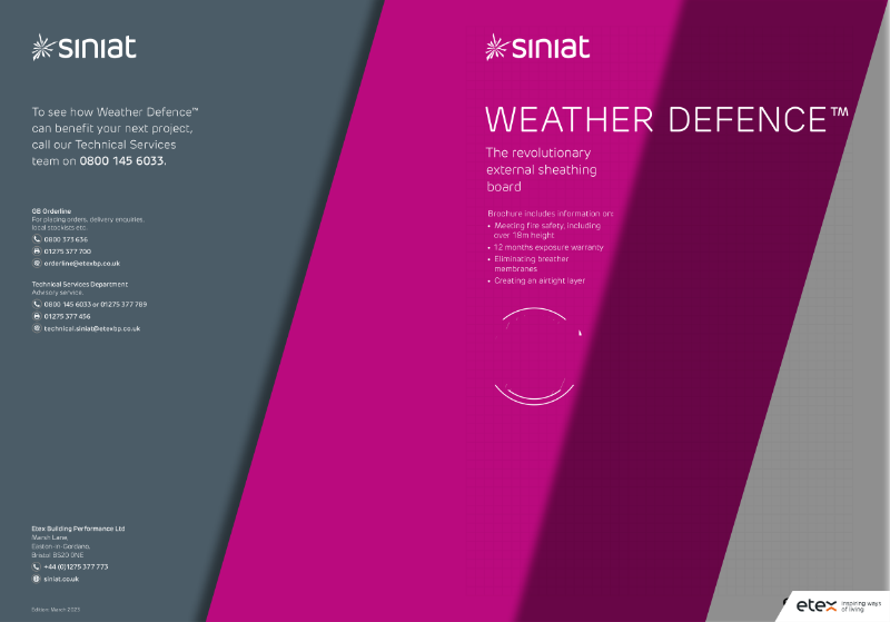 Siniat Weather Defence™  Brochure - The revolutionary external sheathing board with superior weather protection.