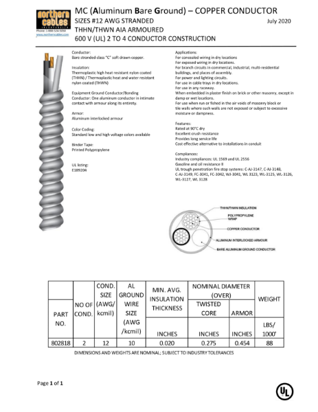 MC Aluminum Bare Ground THHN/THWN Stranded Copper Circuit Size 600 Volts