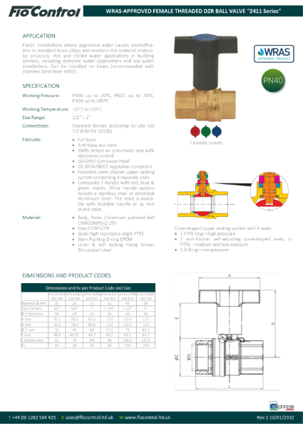 WRAS-approved 2411V Ball Valve threaded with extended T-handle