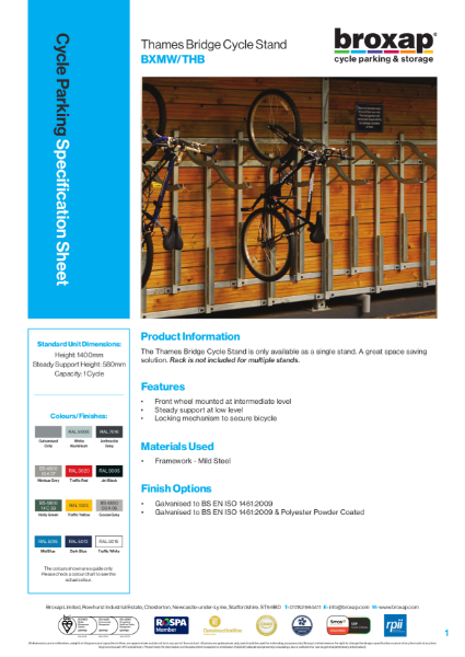 Thames Bridge Cycle Stand Specification Sheet