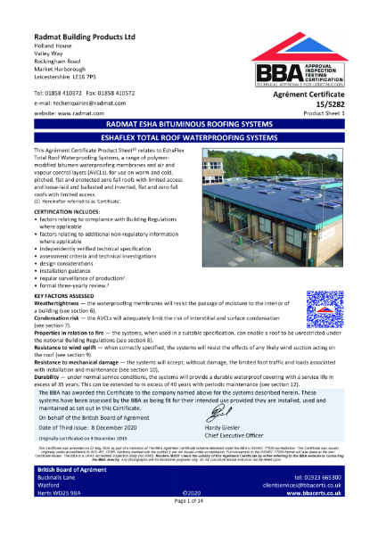 BBA-15-5282 PS1-EshaFlex Total Roof Waterproofing Systems