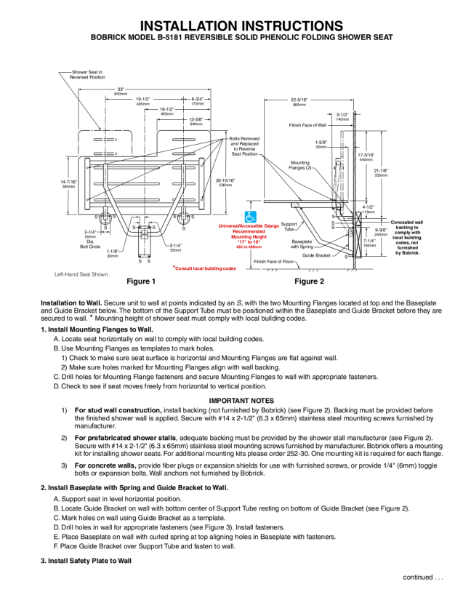 Installation Instructions - Bobrick Model B-5181 Reversible Solif Phenolic Folding Shower Seat