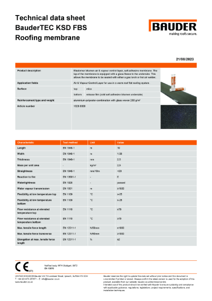 BauderTEC KSD FBS Air and Vapour Control Layer - Technical Data Sheet