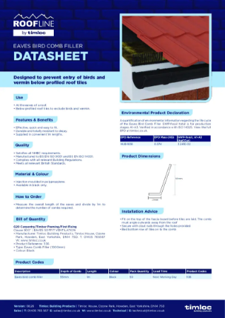 Eaves Bird Comb Filler Datasheet