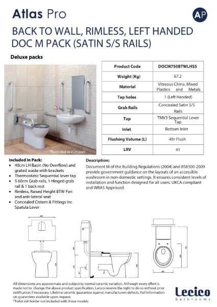 Atlas Pro Rimless DeLuxe Back to Wall DocM Pack Left Hand 40cm Basin Stainless Steel Rails Data Sheet