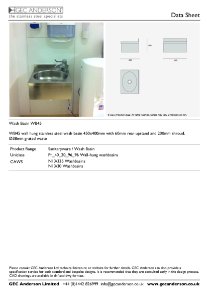 GEC Anderson Data Sheet - Wash Basin WB45