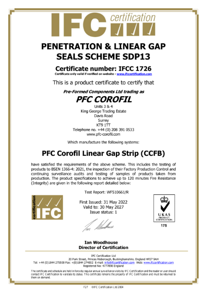 PFC Corofil Cavity Fire Barrier CCFB - IFC Certificate: IFCC1726