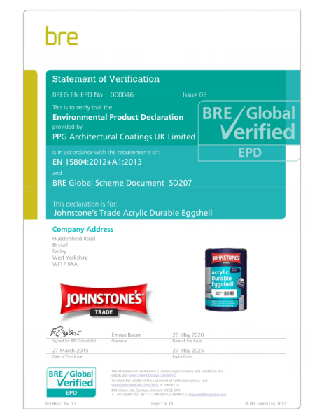 Environmental Product Declaration (EPD) BREG EN EPD No: 000046 Johnstone's Acrylic Durable Eggshell