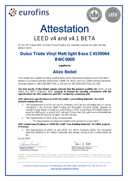 Dulux Trade Vinyl Matt LEED Attestation