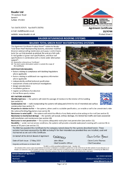 Certificate: Bauder Total Green Roof Systems 10/4744