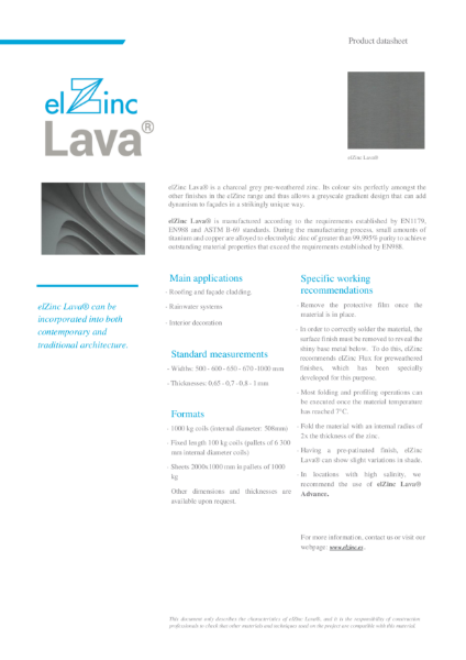 elZinc Lava Pre-weathered Zinc Datasheet
