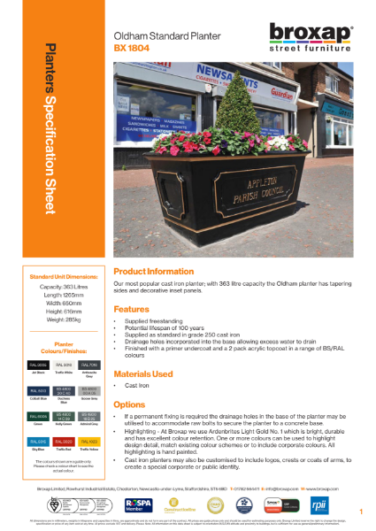 Standard Oldham Cast Iron Planter Specification Sheet