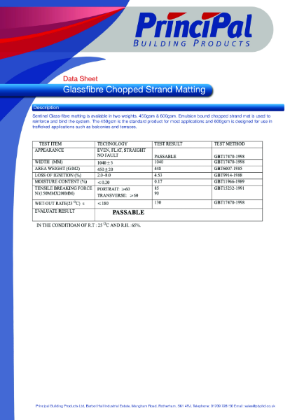 Glassfibre Chopped Strand Matting datasheet