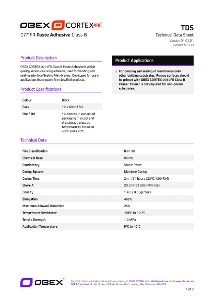 OBEX CORTEX 0771FR Paste Adhesive Class B - TDS