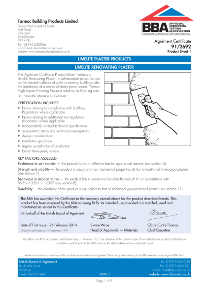 Limelite Renovating Plaster System - BBA Ref: 91/2692